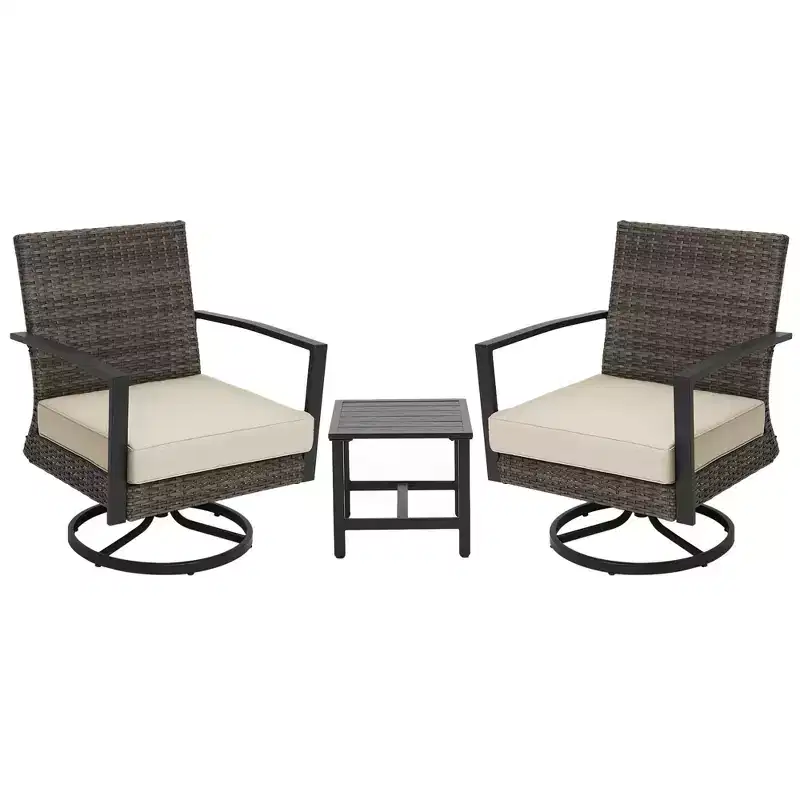 Heynemo 3 Pieces Patio Bistro Set with Swivel Chair and Small Side Table, All Weather Rattan Chairs with Water-Resistant Cushions & Metal Frame
