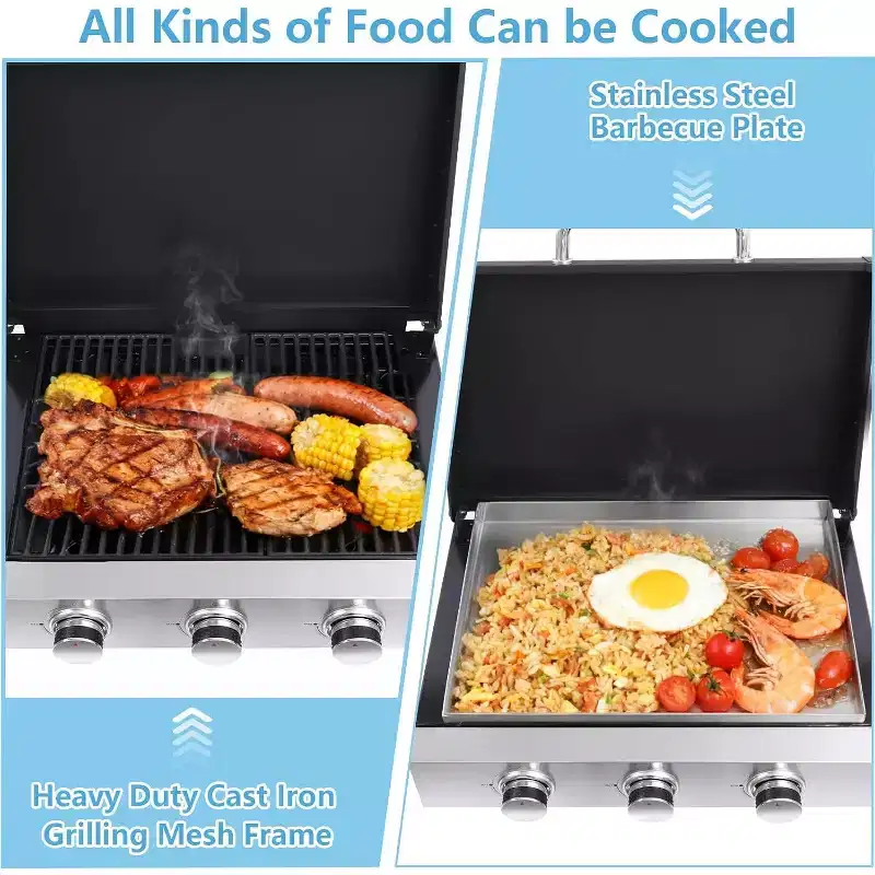 Zevemomo 3 Burner Portable Propane Grill, Tabletop Gas Grill with Stainless Steel Tray & Regulator, 28,680 BTU Flat Top for Patio Garden Camping