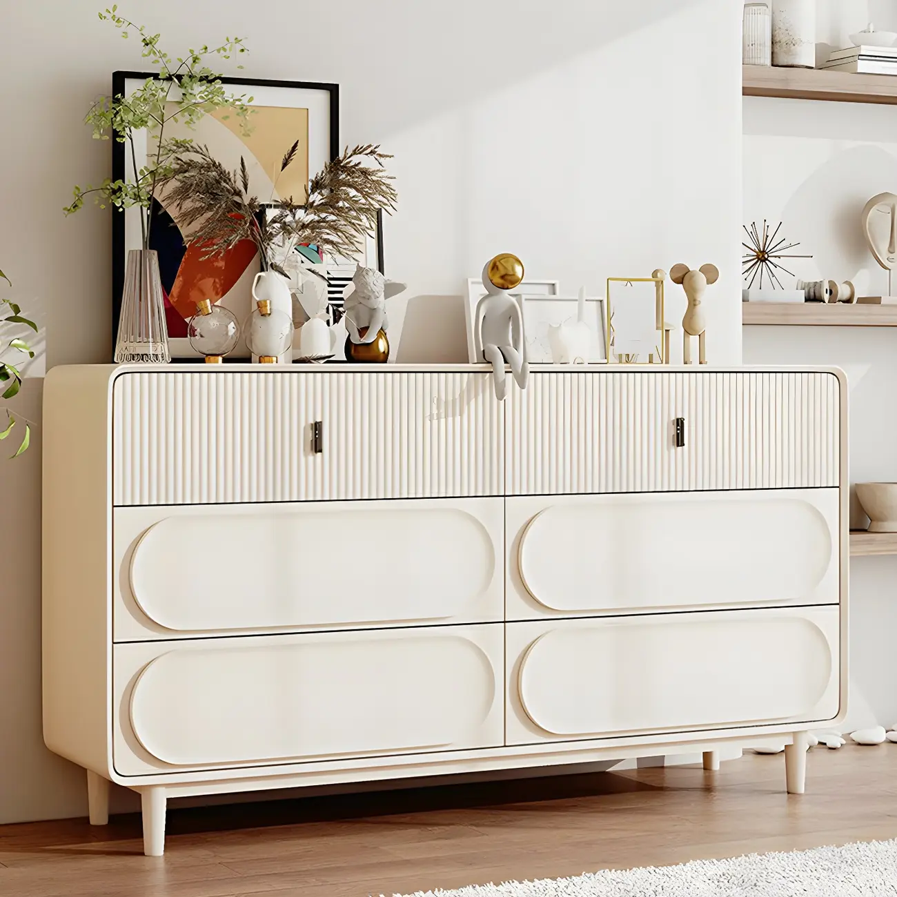 Classic White Wooden Chest with Metal Handles & Drawers