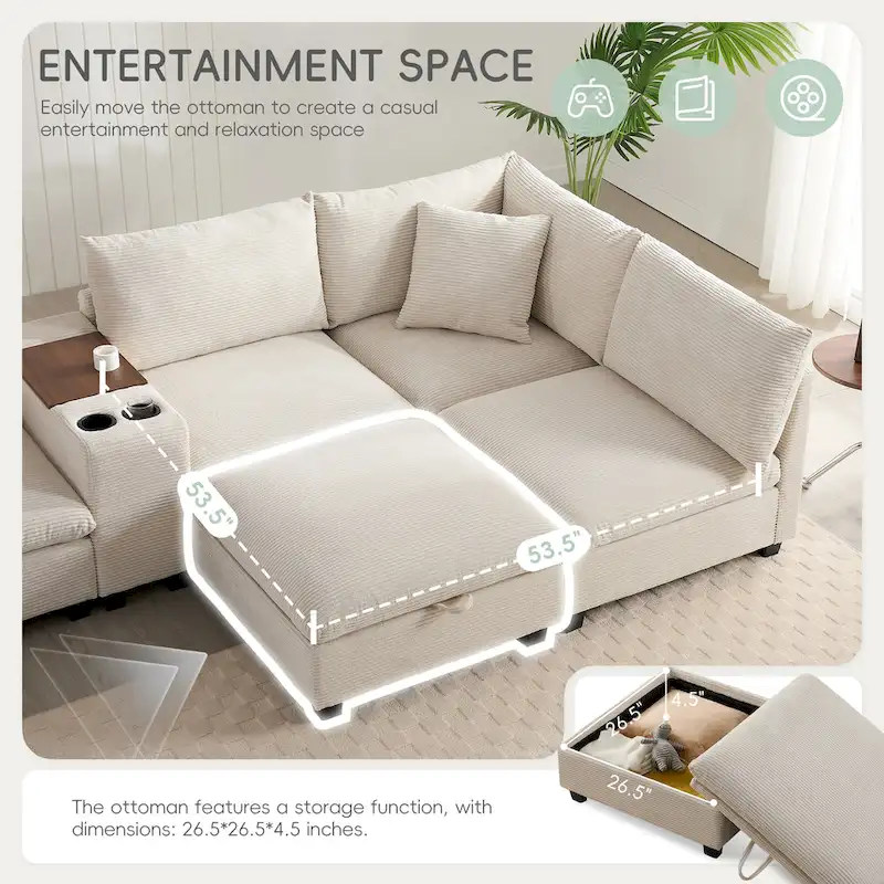 U Shaped Chenille Sofa w/Ottoman,Console,Cup Holder,Wide Seat,USB