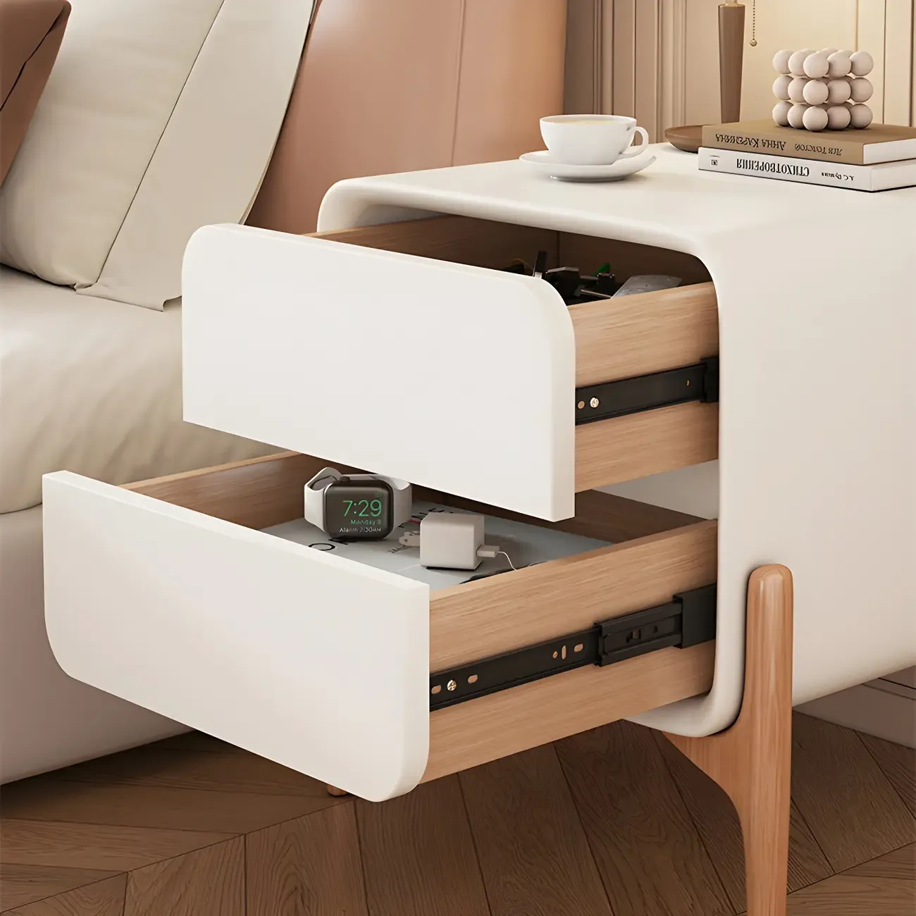 Simple Curved Wooden Faux Leather 2 Drawer Nightstand