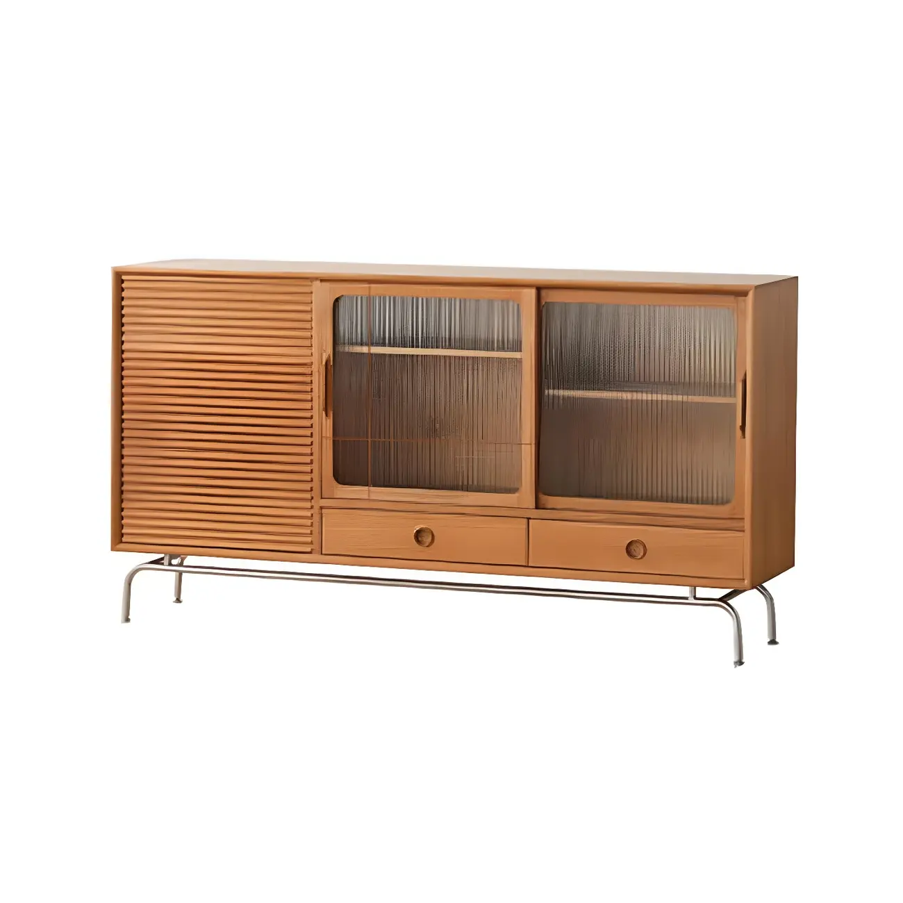 Modern Brown Pine Wood Sideboard with Glass Doors