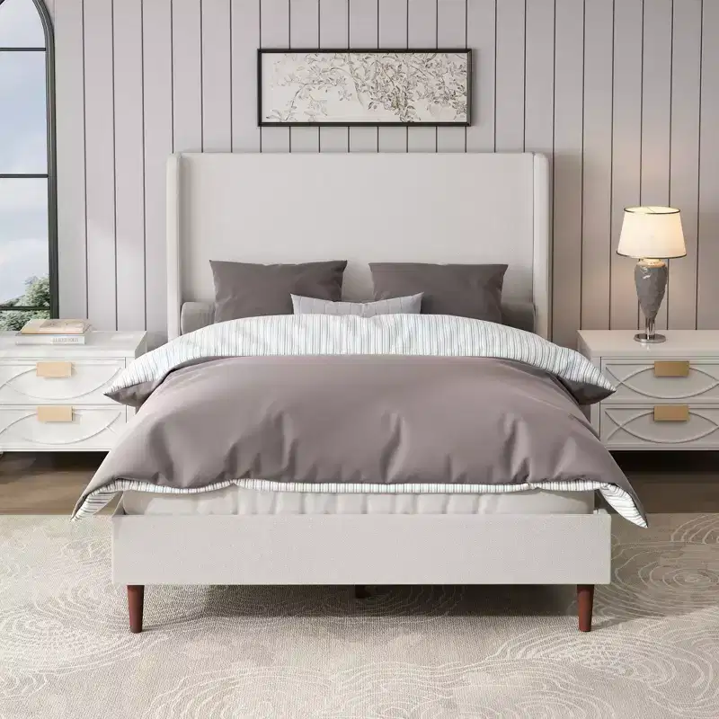 Queen/King Size Upholstered Bed Frame, Chenille High Headboard Platform Bed, No Box Spring Needed, Ivory White - ModernLuxe