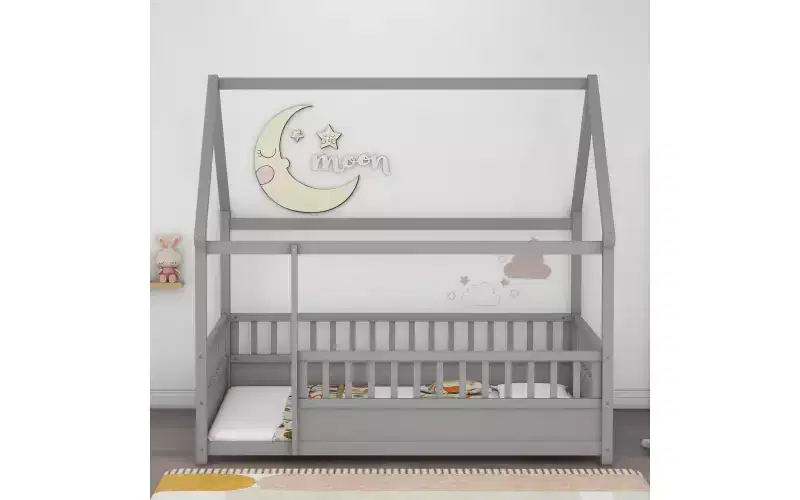 Zevemomo Full House Floor Bed Frame With Roof, Full Size Toddler Montessori Bed With Heighten Fence, for Kids, Boys and Girls,Easy Assembly, Grey