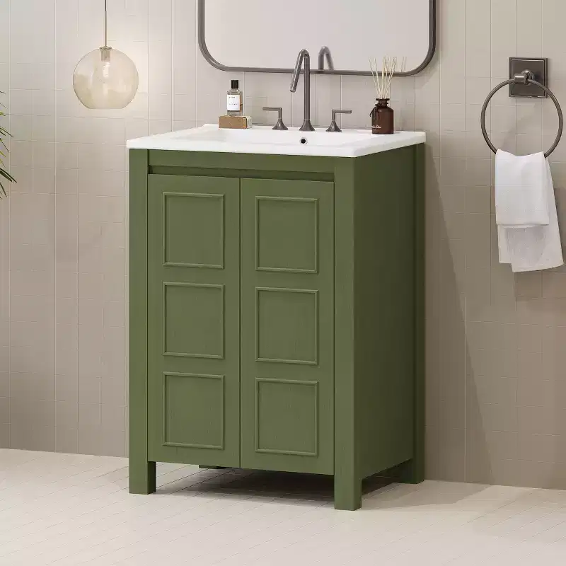24 Small Bathroom Vanity with Soft-close Doors, Bathroom Cabinets Freestanding with Adjustable Shelf, Olive Green