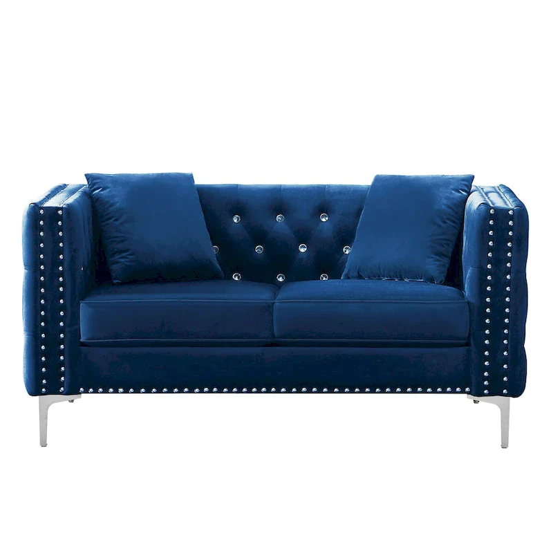 Square Arm Velvet Loveseat with Jeweled buttons and 2 Pillows