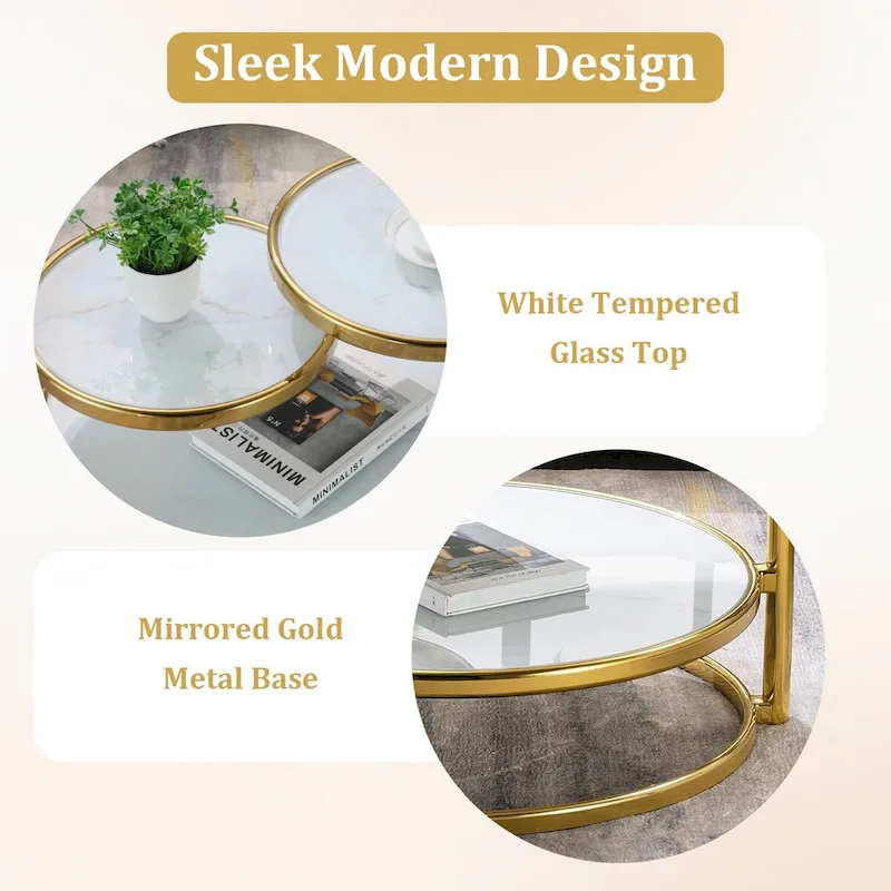 Round Tempered Glass Coffee Table with 3 Tiers 360 Degrees Rotating Top