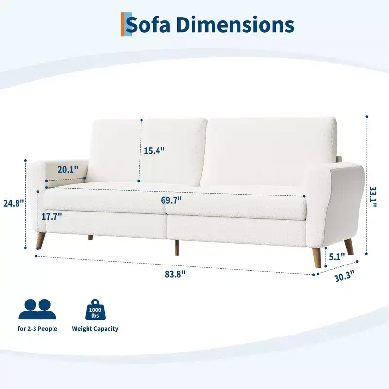 84 Modern Sofa Couch, 3 Seater Upholstered Sofa with Streamlined Armrest, Deep Seat Sleeper Sofa Couch for Living Room Bedroom Apartment