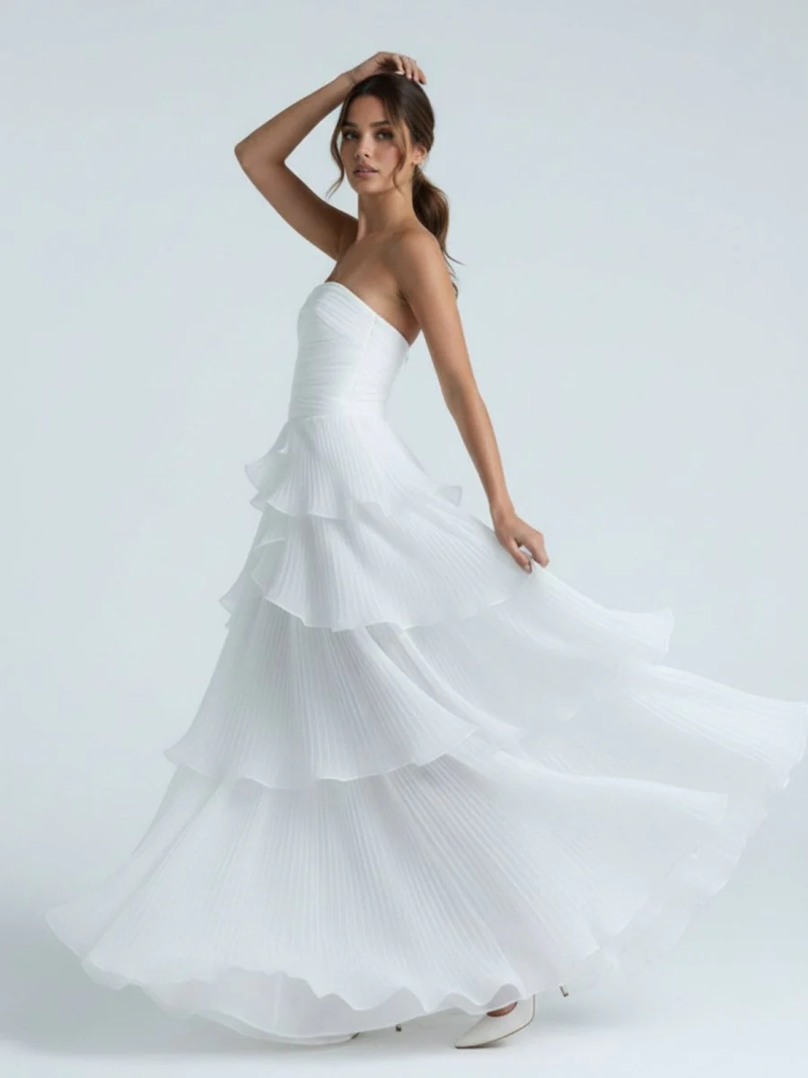 Cute A-Line  Chiffon Strapless Tiered Wedding Dresses