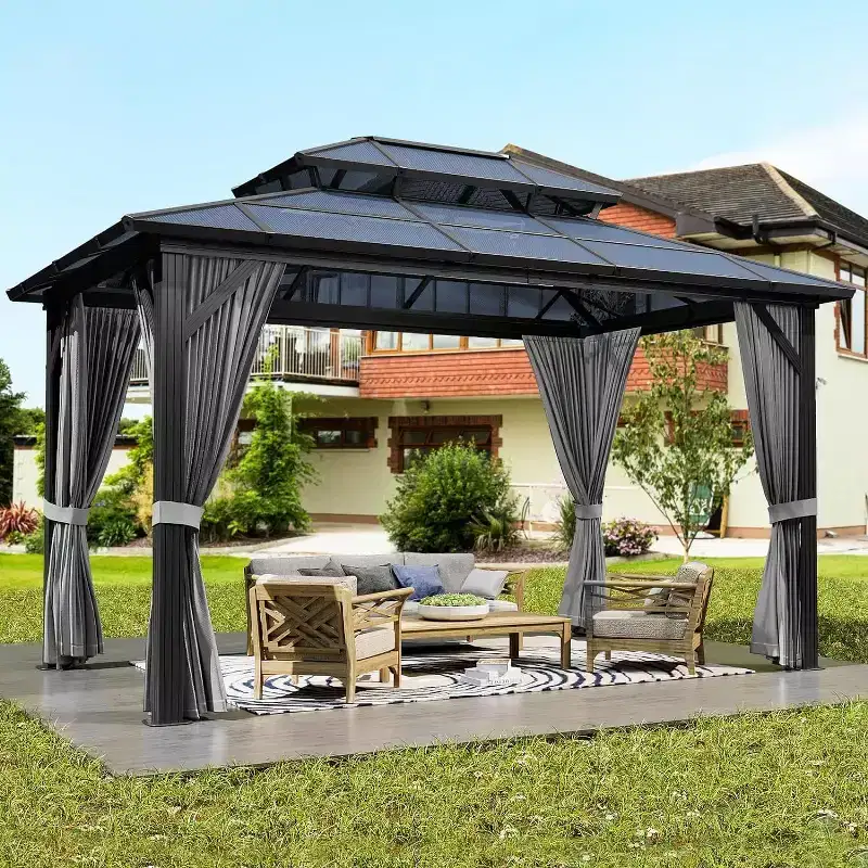 Hardtop Gazebo 10'x12' Double-Layer Polycarbonate Double Roof, Aluminum Frame Pavilion with Privacy Curtains and Netting All-Season for Patio, Garden
