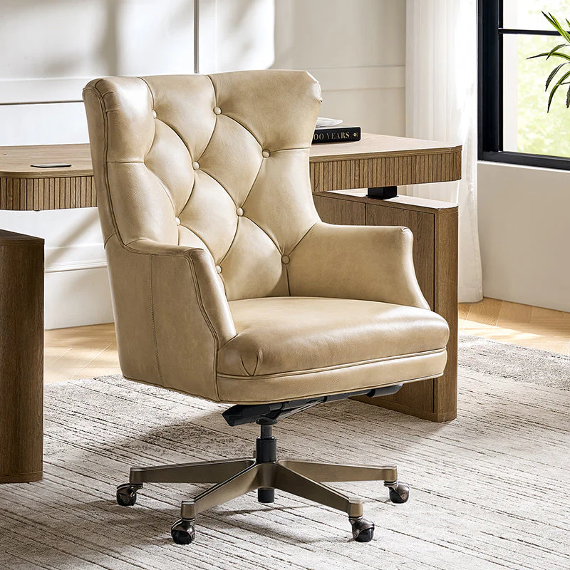 Genuine Leather Wingback Tufted Office Chair with Adjustable Height, Tilt Lock & Antique Bronze Base | Beige / Camel | Single Seat