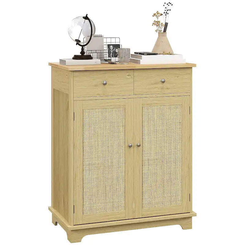 Natural Wood Kitchen Storage Cabinet with 2 Drawers, 2 Doors and Adjustable Shelf