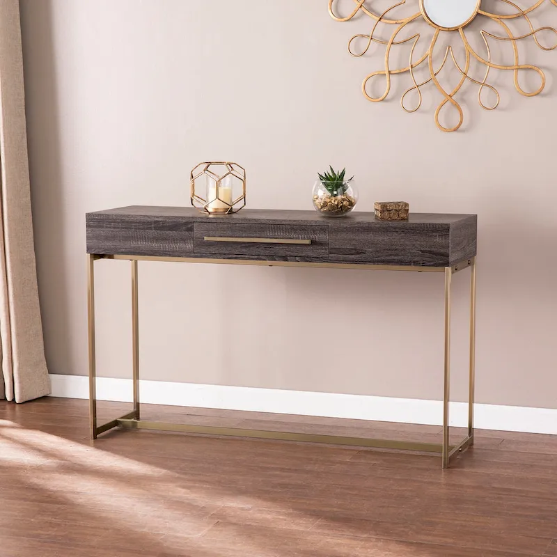 Transitional Wood Console Table with Storage – Black Oak/Antique Brass, MDF, 47.75x15x29.5 in
