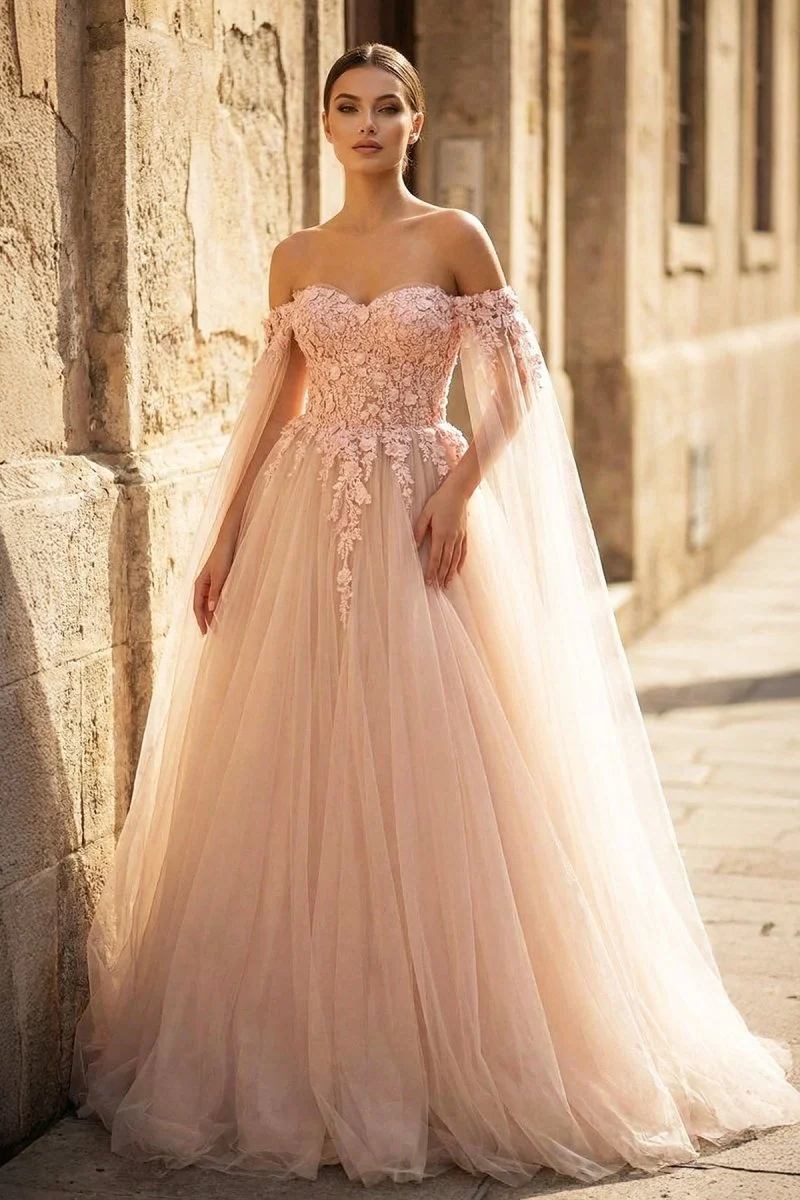 Blush Pink 3D Floral Lace Off-the-Shoulder Ball Gown