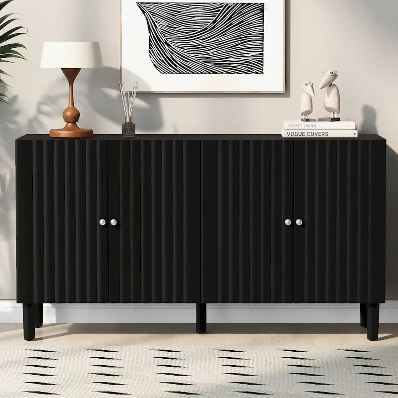 Elegant Four-Door Sideboard – Wavy Doors, Cylindrical Legs & Metal Handles