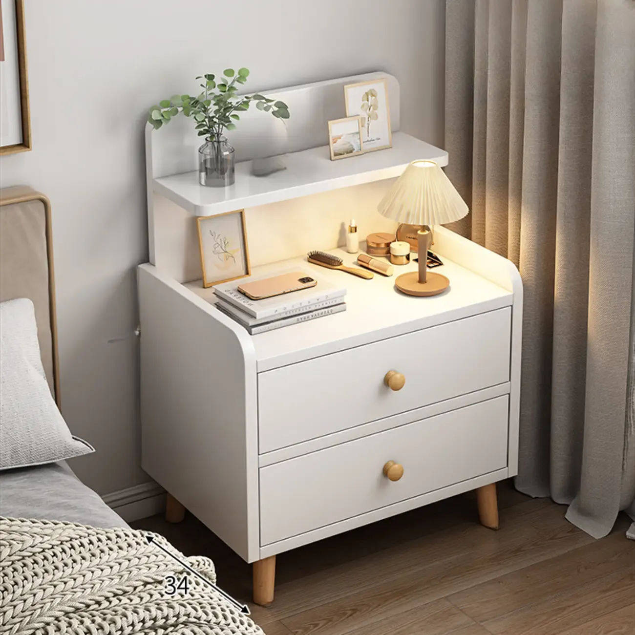 Modern Wooden Three-layer Bedside Table with Lamp Shelf