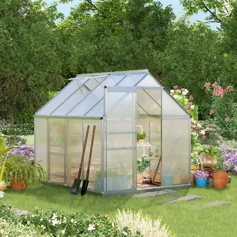 Polycarbonate Greenhouse with Aluminum Frame, Walk-in Heavy Duty Green House with Adjustable Roof Vent, Rain Gutter and Sliding Door