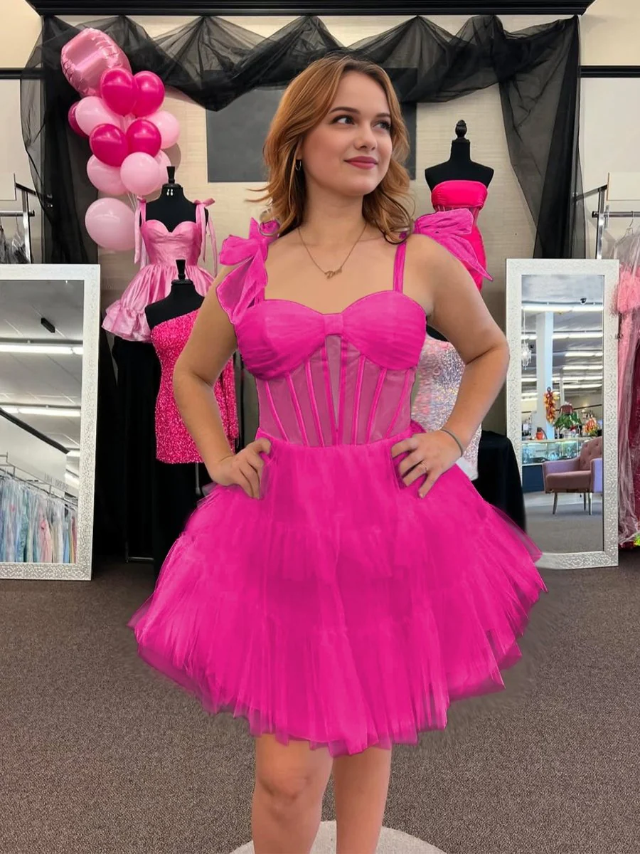 Fuchsia - A Line Sweetheart Tiered Tulle Short Homecoming Dresses With Bow Straps
