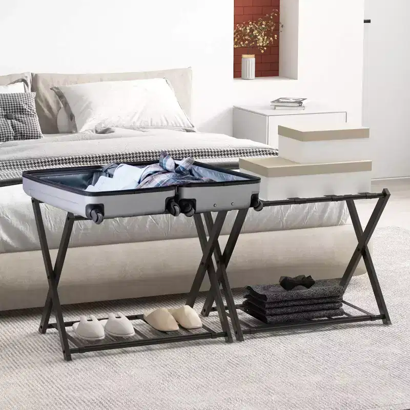 Costway Set of 2 Folding Metal Luggage Rack Suitcase Shoe Holder Hotel Guestroom w/Shelf