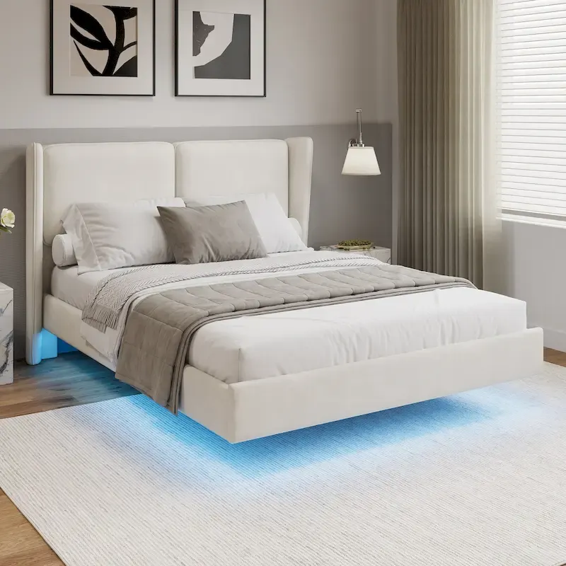 Beige / Gray Velvet Queen Size Platform Bed with RGB LED Under-Bed Lighting – 2-Seater