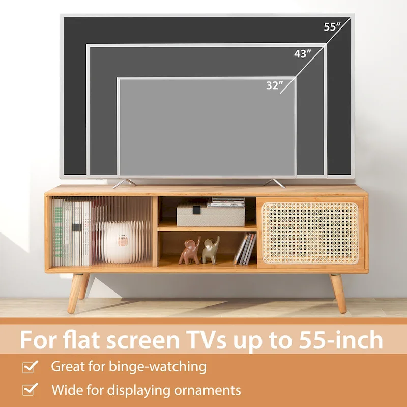 Mid-Century TV Stand with Rattan Sliding Doors, Brown/Natural, 47.5