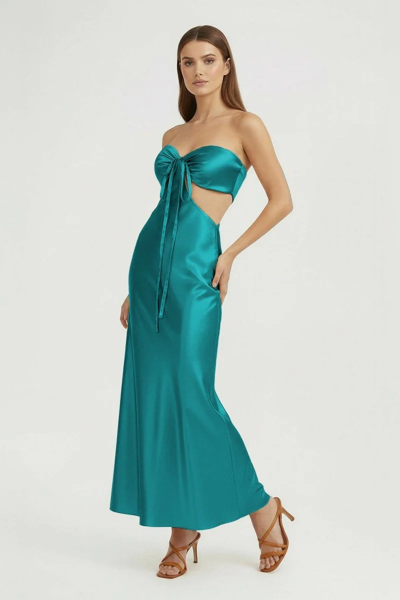 Aqua Strapless Sheath Satin Open Back Prom Dresses With Cutout
