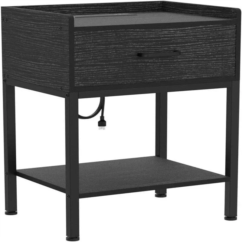 Nightstand with Charging Station – Grey/White/Brown/Black, Retro Style, 1-Person