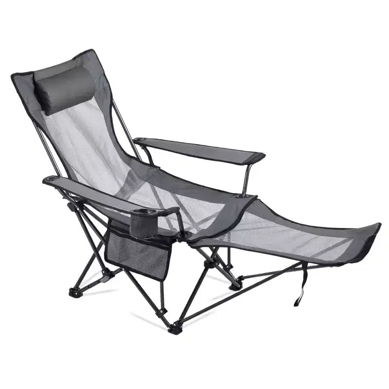 VEVOR Reclining Camping Chair, 4 Adjustable Positions, Portable Folding Lounger for Adults, Mesh Beach Chair with Headrest & Foot Rest, Gray