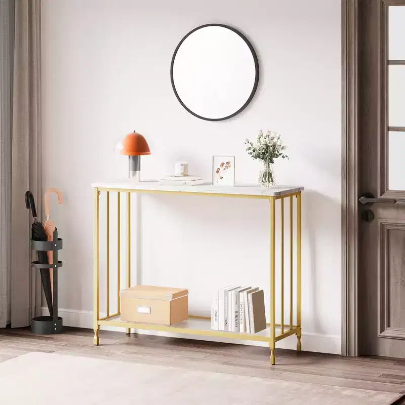 Narrow Console Table Small Entryway Table with Glass Shelf and Metal Frame Sofa Table Narrow Long Behind Couch Table
