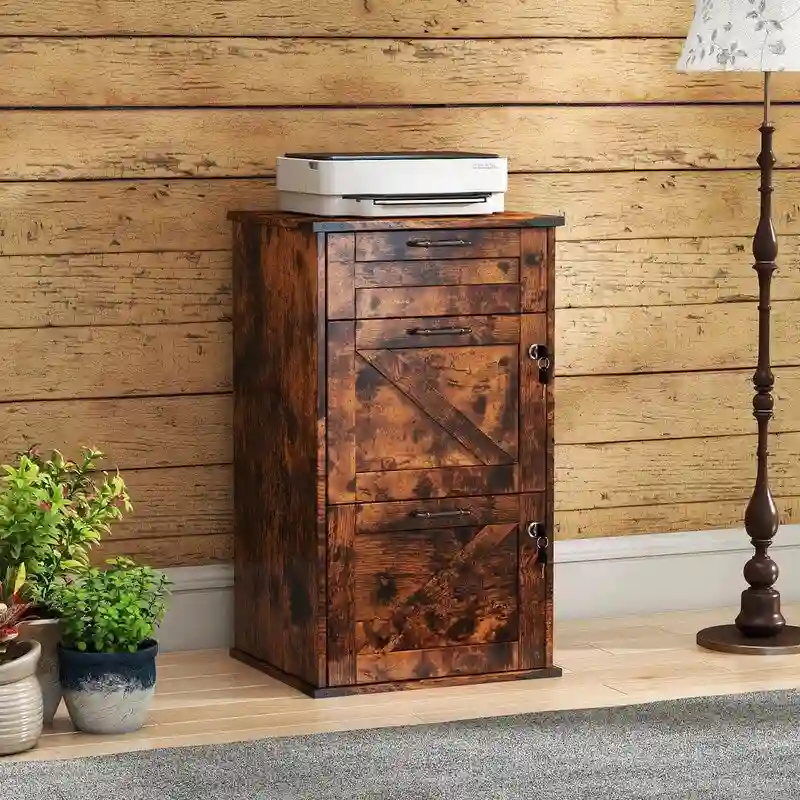 Grey/White/Brown Barn Door Style 3-Drawer Filing Cabinet with Lock, 1-Person