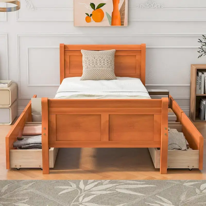 Oak/Espresso/Grey/White Twin Wood Platform Bed with 4 Drawers, Single