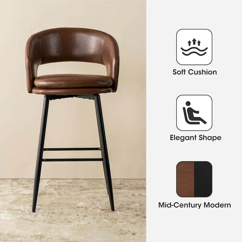 Mid-Century Modern Faux Leather Bar Stool with Nailhead Trim & Metal Legs – Black / Brown
