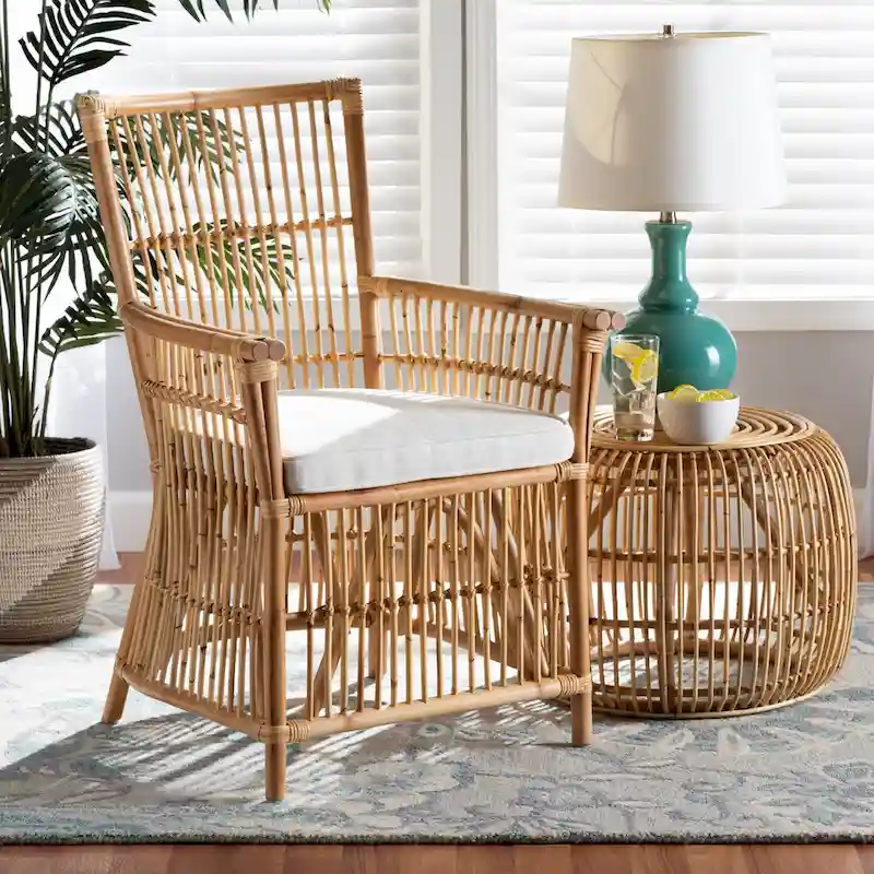 Rose Bohemian styled Upholstered Rattan Armchair-White/Natural Brown