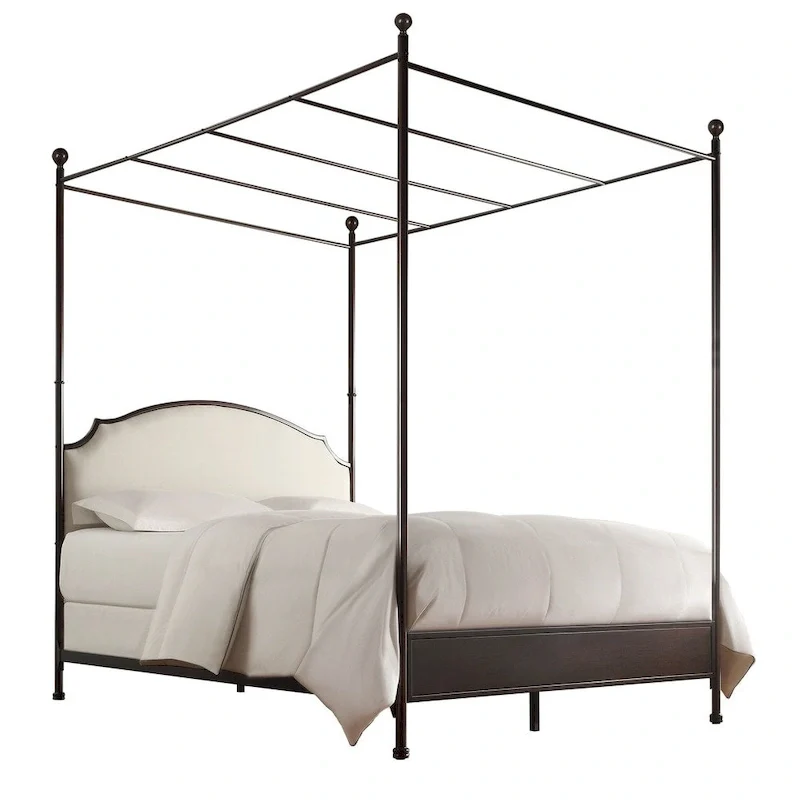 Cream Linen Transitional Canopy Poster Bed, Cherry Brown Frame (Twin/Full/Queen/King)
