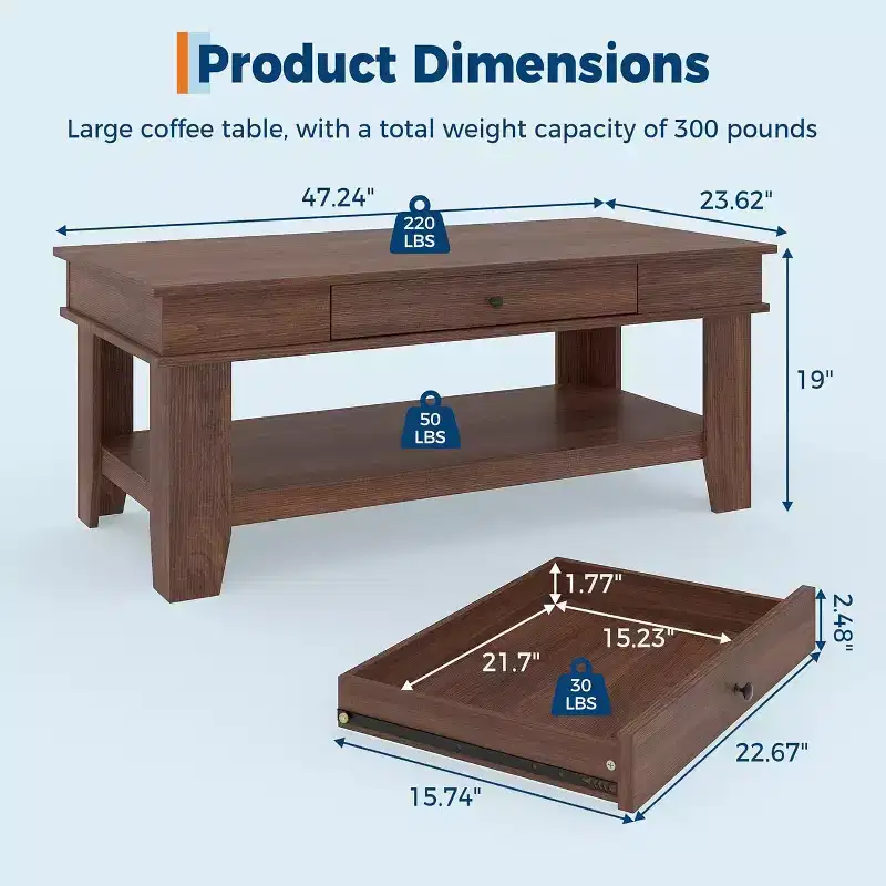 Acekool Coffee Table with Drawer and Open Storage Shelf, Large Wooden Center Table for Living Room, Easy to Clean, Brown/Light Oak