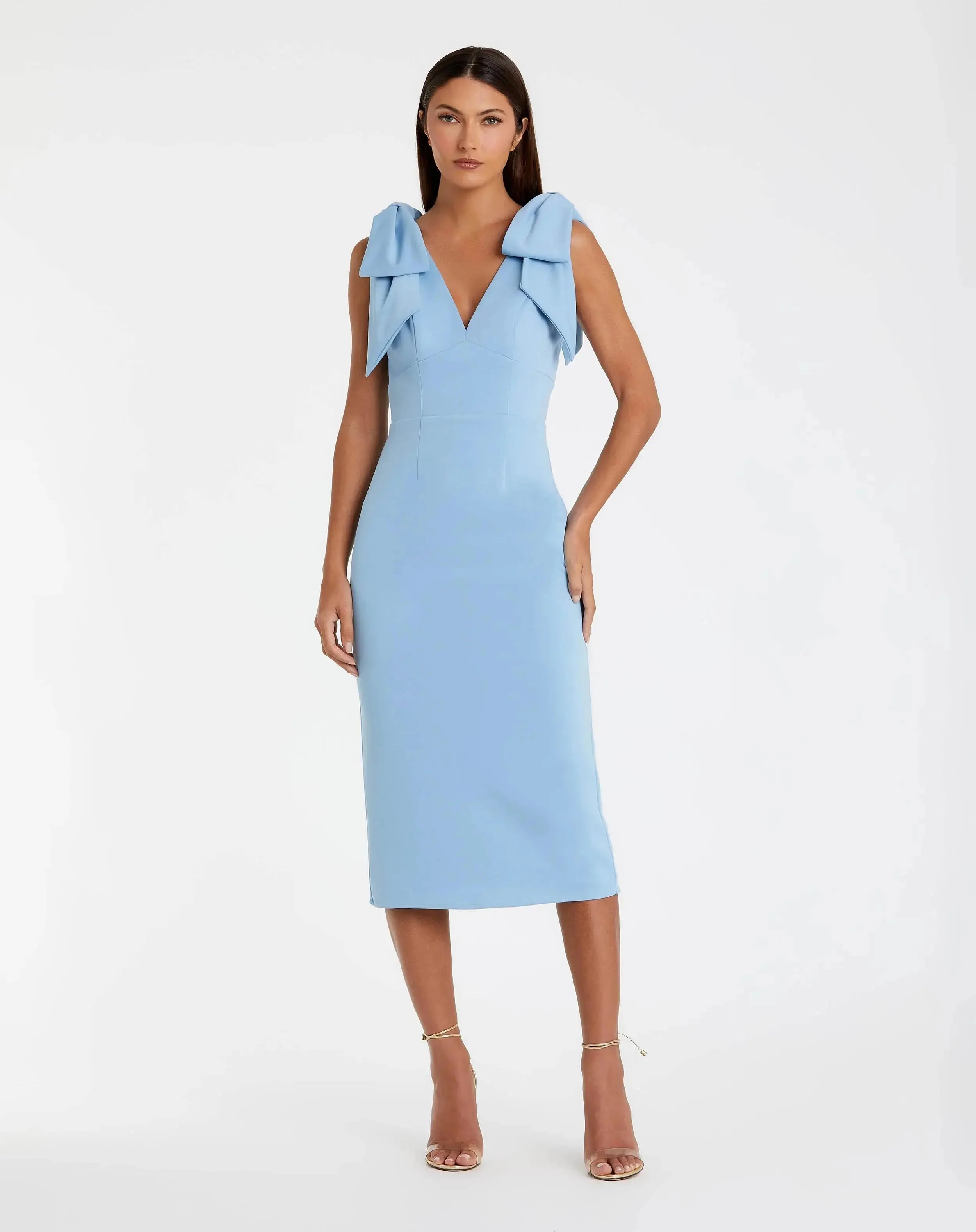 Blue Bow Strap Crepe Fitted Midi Dress