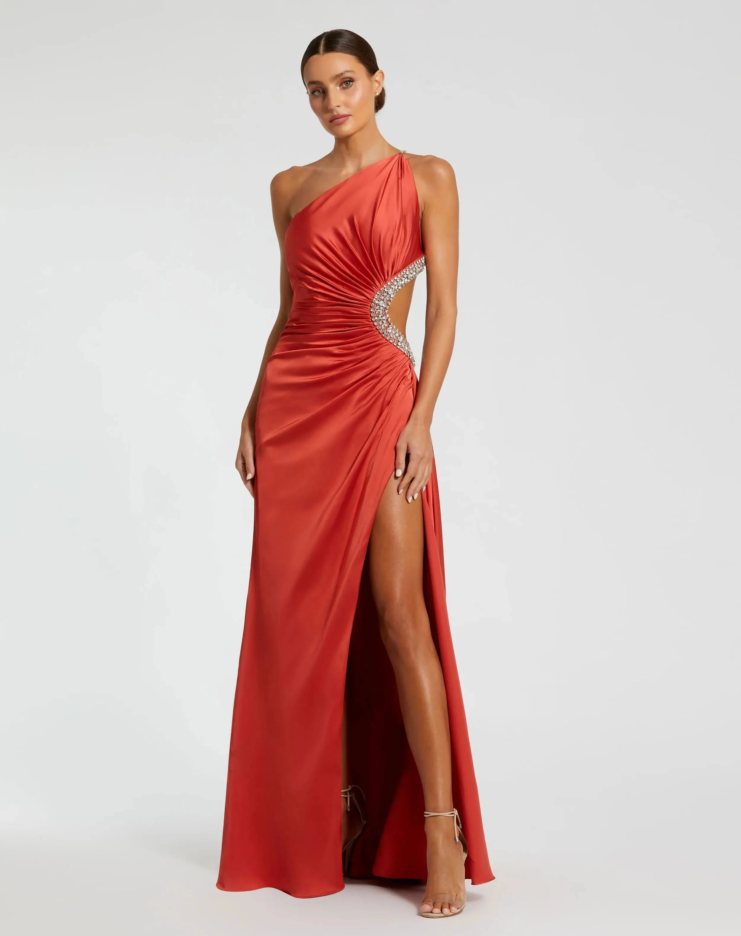 Red Jewel-Embellished Side Cut-Out A-Line Gown