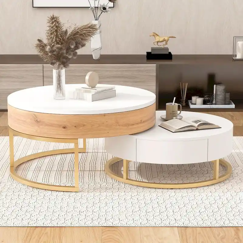 Modern Round Lift-top Nesting Coffee Tables with 2 Drawers