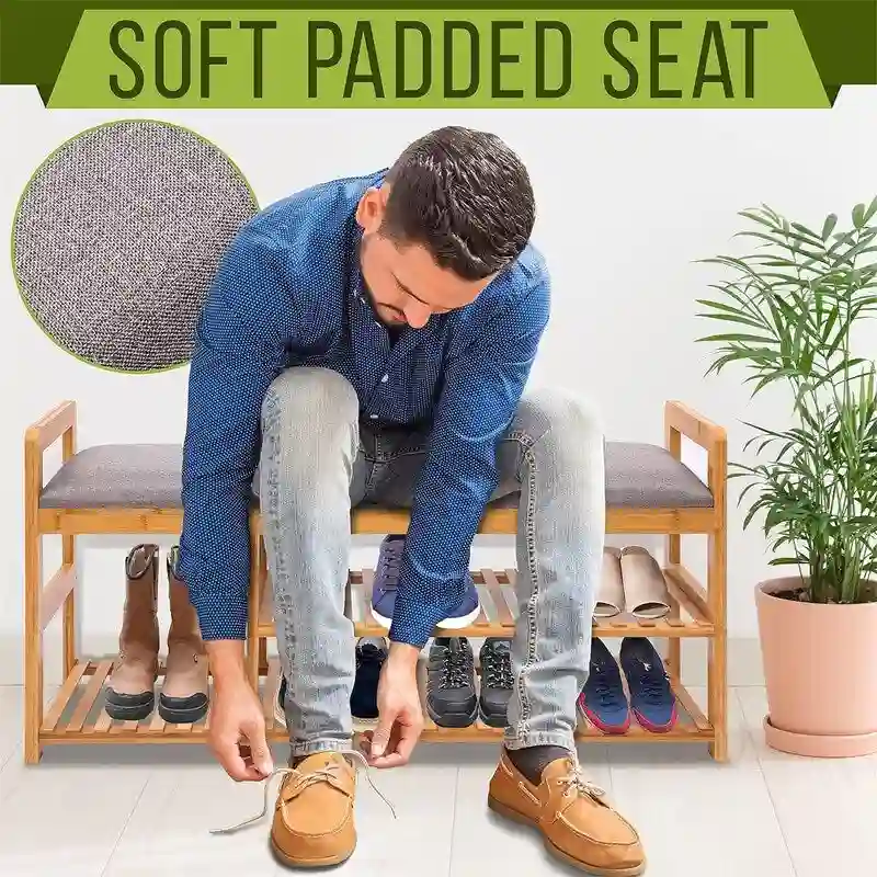 Natural Bamboo 2-in-1 Shoe Rack Bench with Linen Cushion Seat – 1-Seat