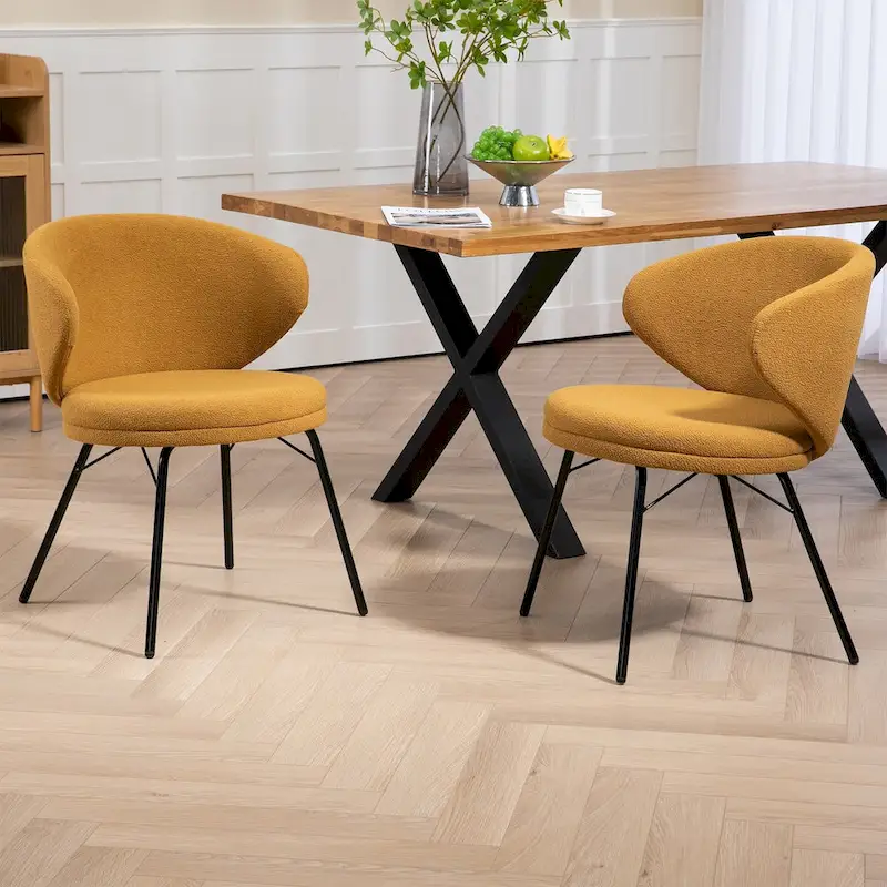 Boucle Dining Chair with Black Iron Legs, Set of 2