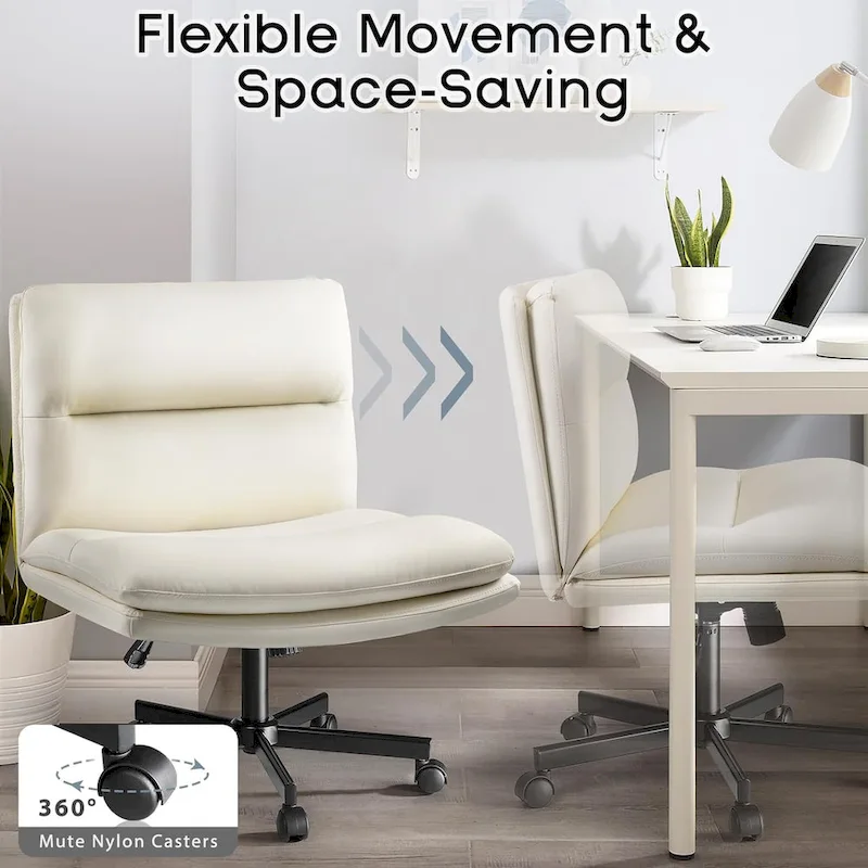 Cross Chair with Wheels,PU Leather Armless Cross Legged Office chair, Adjustable Wide Seat Task Vanity Chair