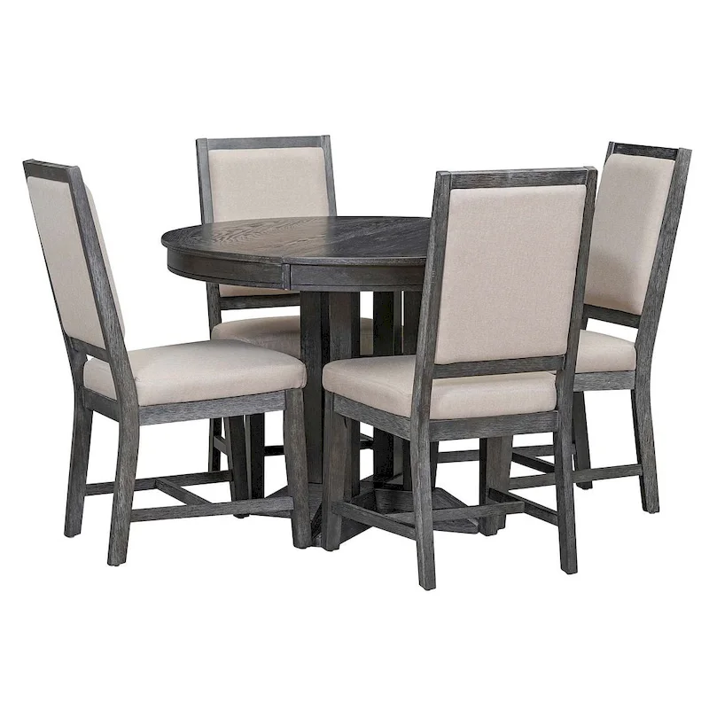 Wooden Round Drop Leaf Extendable Dining Table Set with 4 Upholstered Chairs
