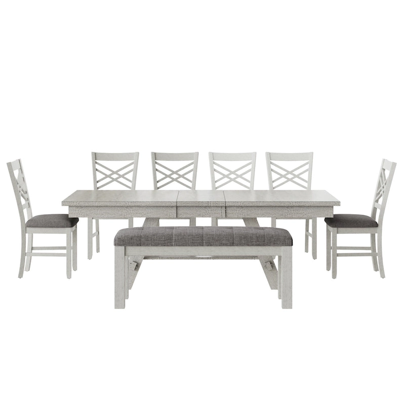 VECELO 6/8-Piece Dining Table Set with Bench, Solid Wood Rectangular Extendable Dining Table & 4 Solid Wood Dining Chairs