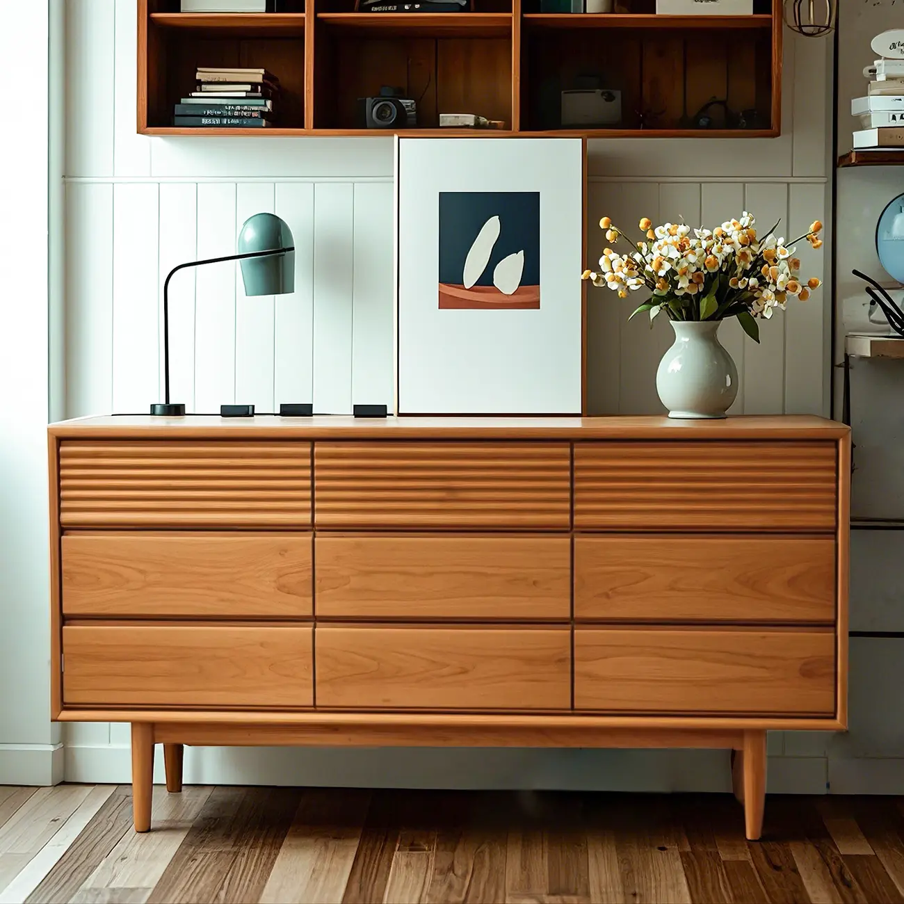 63 L Horizontal Wooden Brown Triple Dresser with 9 Drawers
