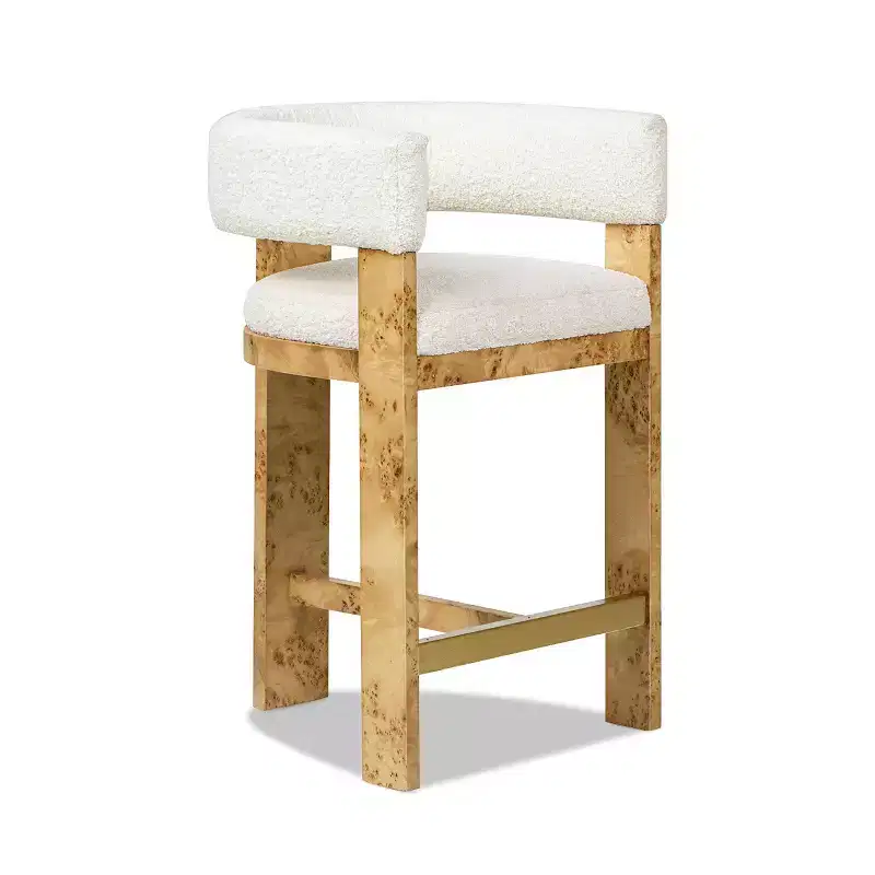 Jennifer Taylor Home Vavona 26.5 Burl Upholstered Barrel Back Counter Height Bar Stool, Polar Off-White Faux Shearling Fur