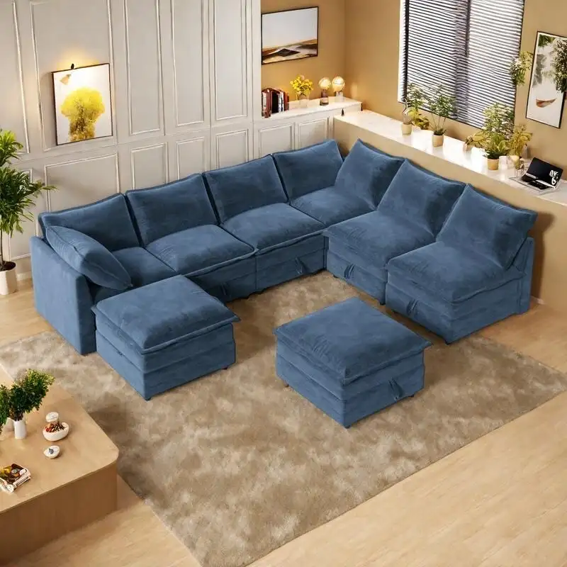 Blue / Grey / Beige 8-Piece Modular Sectional Sofa with Storage, Double-Layer Cushions