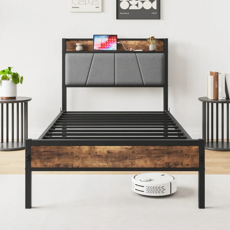 Twin Size Bed Frame, Storage Headboard with Charging Station, Solid and Stable, Black