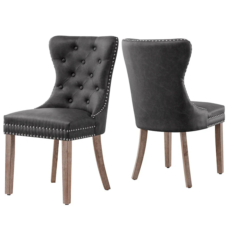 Faux Leather Wing-back Dining Chair with Button Tufting