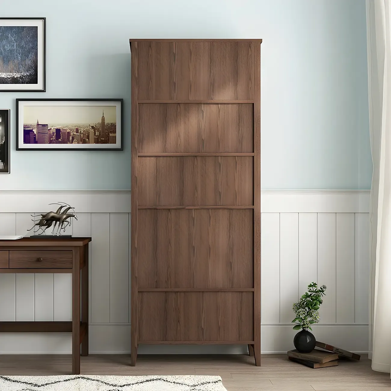 Modern Wooden Bookcase with Adjustable Shelves and Drawers