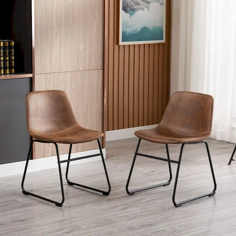 Home Beyond Set of 2 Pcs Synthetic Leather Upholstered Dining Chairs Armlesss with Metal Frame UC-13BRN